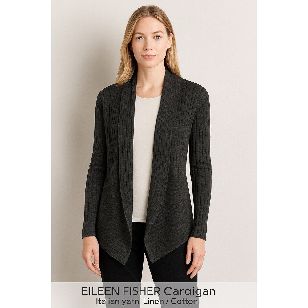 Eileen Fisher‎ Knit Cardigan Black/Gray Italian Yarn Open Front SM Minimalist